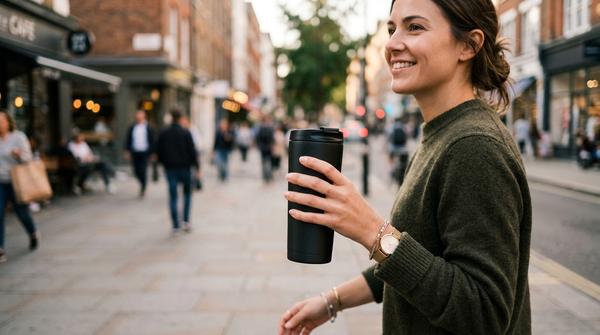 Nahaufnahme der Hand einer Person, die einen modernen, matt-schwarzen Thermobecher hält. Sie umgeht die Coffee-to-go Falle und spart Geld beim Konsumfasten.
