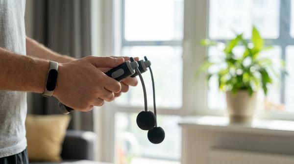 Nahaufnahme der Hände einer Person, die moderne, schwarze cordless Jump Ropes (Springseile ohne Seil) hält und ein geräuschloses Ausdauertraining in ihrer Mietwohnung macht.