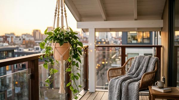 Eine selbstgeknotete, moderne Makramee-Blumenampel aus hellem Baumwollgarn hält einen Terracotta-Topf mit einer lush Efeutute auf einem gemütlichen Boho-Balkon mit Rattanmöbeln und Lichterkette.