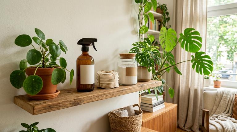 Ein helles Regal im Boho-Stil mit DIY-Reinigungsmitteln und nachhaltigen Drogerie-Alternativen.