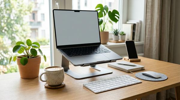 Ein ästhetisch eingerichteter Schreibtisch mit einem Laptop auf einem Ständer auf Augenhöhe und einer minimalistischen externen Tastatur zur Vermeidung des Schildkröten-Nackens.