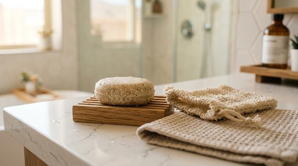 Ein festes Shampoo liegt flach auf einer Holzseifenschale in einem hellen, modernen Badezimmer. Daneben ist ein Sisal-Säckchen.