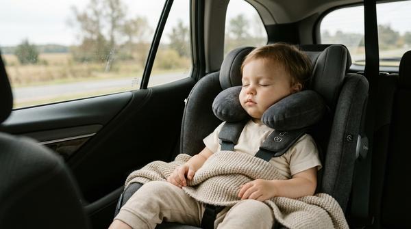 Schlafendes Kind im bequemen Autositz mit Nackenhörnchen und Decke