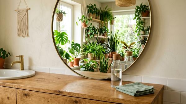 Ein runder Spiegel in einem Badezimmer im Urban-Jungle-Stil mit Putzutensilien davor.