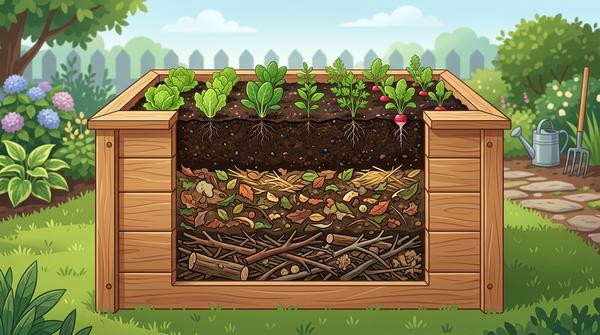 Eine saubere, moderne grafische Illustration eines aufgeschnittenen Holz-Hochbeets mit den Schichten Äste, Laub/Kompost und Erde.