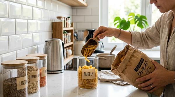 Mehrere beschriftete Vorratsgläser (Nudeln, Haferflocken) stehen auf einer Küchenarbeitsplatte, während eins aus einer Großpackung befüllt wird.
