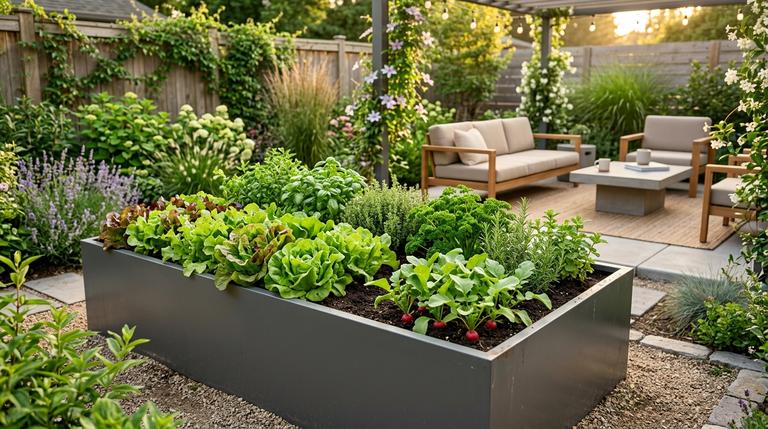 Ein fertig bepflanztes modernes Metall-Hochbeet in einem sonnigen Garten mit Salat und Kräutern.
