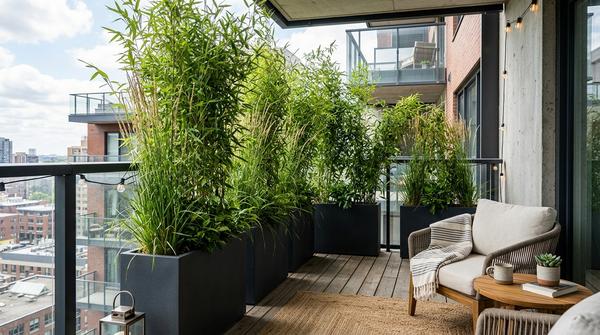 Hohe anthrazitfarbene Pflanzkübel mit dicht wachsendem Bambus und Gräsern als natürlicher Sichtschutz auf dem Balkon.