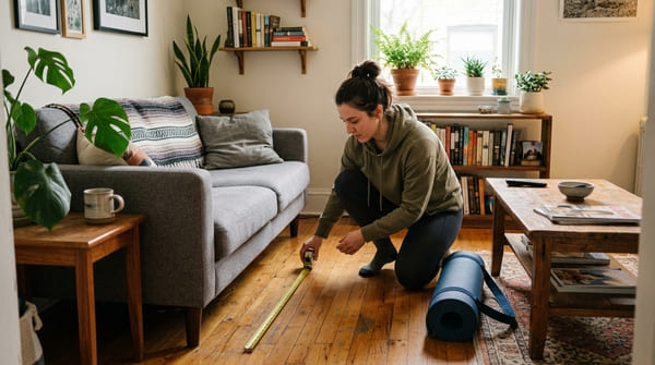 Person misst im Wohnzimmer eine kleine freie Fläche für eine Trainingsmatte als Homegym auf 2 Quadratmetern