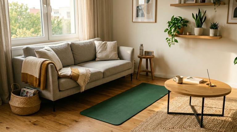 Modernes Wohnzimmer im Sonnenlicht mit einer ausgerollten Trainingsmatte zwischen Sofa und Couchtisch als platzsparendes Homegym.