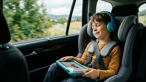 Kind mit bunten Kopfhörern hört Hörbuch auf Auto-Rückbank