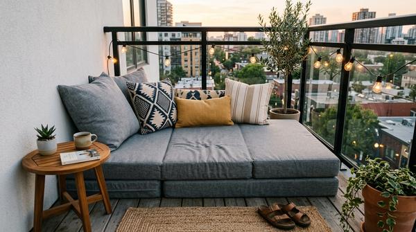 Eine gemütliche, bodennahe Lounge-Ecke auf dem Balkon, bestehend aus einer Klappmatratze mit Outdoor-Bezug und weichen Kissen.