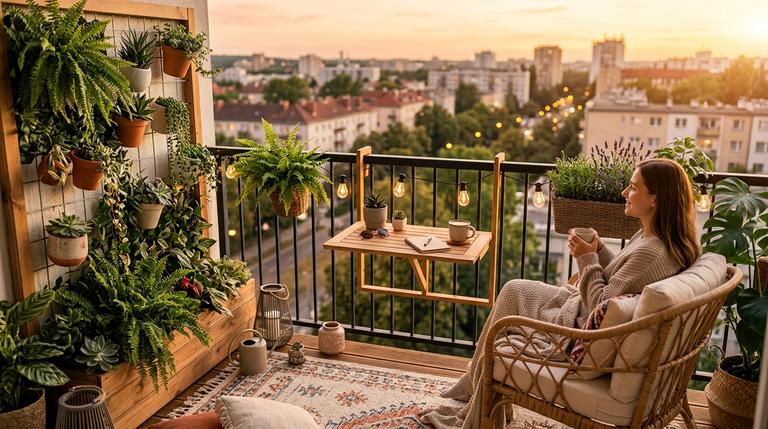 Ein gemütlich eingerichteter, kleiner Balkon mit platzsparenden Möbeln, einem Outdoor-Teppich und vertikalen Pflanzen im warmen Sonnenlicht.