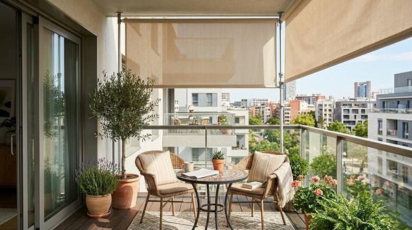 Eine moderne Klemm-Markise auf dem Balkon ist zwischen Boden und Decke gespannt und schützt vor Blicken von oben.