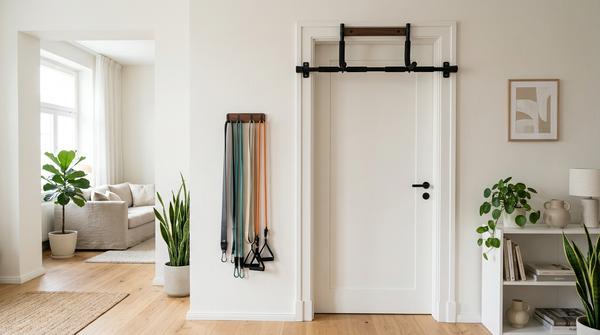 Minimalistische Klimmzugstange, die sicher in einem weißen Türrahmen der Wohnung hängt, daneben ordentlich verstaute Widerstandsbänder.