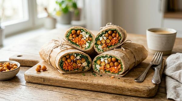 Zwei halbierte, fest gerollte Wraps mit knuspriger Kichererbsen-Möhren-Feta-Füllung als praktischer Snack für die Arbeit.