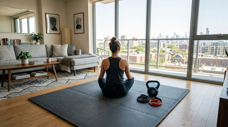 Ein modern eingerichtetes Wohnzimmer mit Homegym-Ecke: Puzzlematten auf Holzboden, eine Person entspannt sich zwischen Neopren-Kettlebell und Widerstandsbändern vor einem großen Fenster mit Tageslicht.