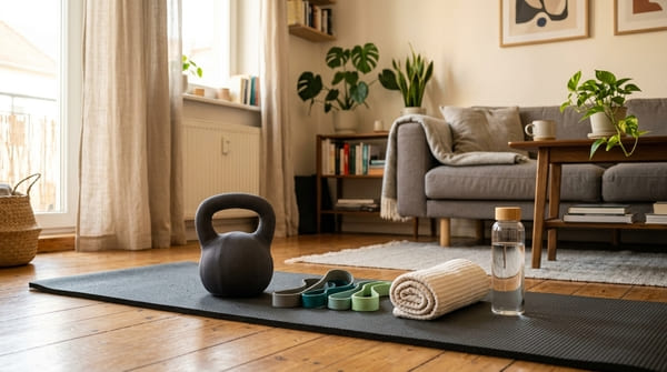 Minimalistisches Home-Workout-Setup mit Widerstandsbändern, weichem Gewicht und Matte im Wohnzimmer