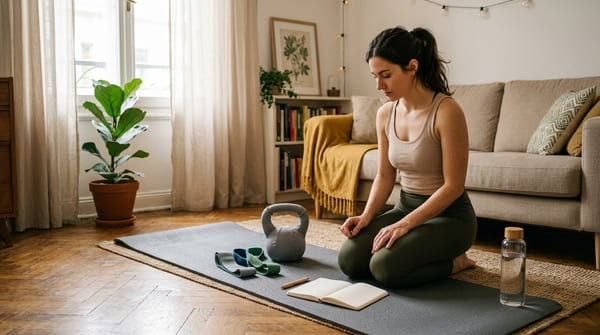 Person bereitet auf einer Trainingsmatte ein leises Home-Workout mit Widerstandsbändern und Kettlebell vor