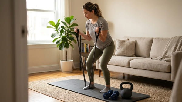 Person trainiert leise mit Widerstandsband im Wohnzimmer, daneben liegen weiche Fitnessgeräte auf einer Matte
