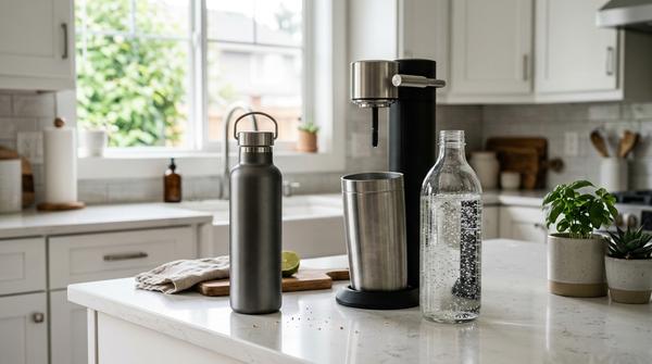 Ein moderner Wassersprudler mit Glasflasche und eine Edelstahl-Trinkflasche auf einer Küchenzeile.