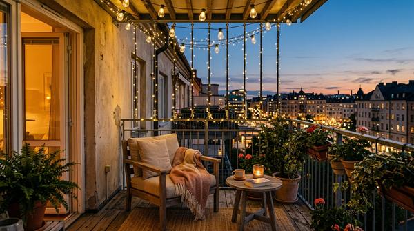 Ein gemütlicher Lichterhimmel aus einer warmweißen Lichterkette, die mit Teleskopstangen ohne Bohren auf dem Balkon befestigt ist.