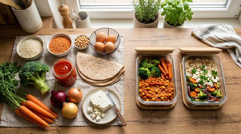 10 günstige Basis-Zutaten und zwei fertige Meal-Prep-Glasdosen auf einer modernen Küchenzeile für die Arbeitswoche.