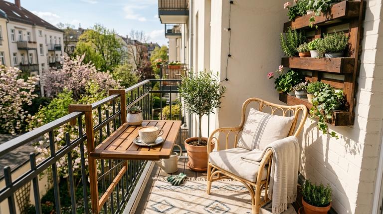 Ein kleiner, gemütlich eingerichteter Balkon im Frühling mit Holz-Hängetisch, vertikalem Garten und Outdoor-Teppich.