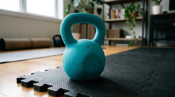Eine leuchtend türkisfarbene Neopren-Kettlebell liegt sicher auf einer dicken Puzzlematte in einem Homegym, bereit für ein geräuschloses Krafttraining in der Mietwohnung.