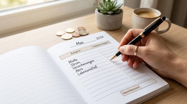 Eine Frau sitzt an einem Schreibtisch und füllt einen ästhetisch gestalteten Budgetplaner aus, der eine handgeschriebene Tabelle mit Fixkosten-Kategorien wie Miete, Strom und Lebensmitteln enthält. Die Budget-Spalte ist leer. Euro-Münzen liegen in der Nähe.