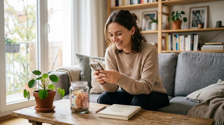 Eine entspannte junge Frau blickt in einem modernen Wohnzimmer lächelnd auf ihr Smartphone. Auf dem Tisch vor ihr liegen ein schicker Budgetplaner und ein Glas mit Euro-Münzen und Euro-Scheinen als Symbol für erfolgreiches Geld sparen im Alltag.