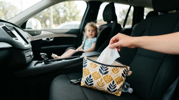 Wasserdichter Wetbag mit Feuchttüchern im Auto griffbereit