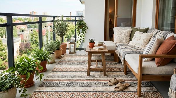 Ein stilvoller Outdoor-Teppich mit Boho-Muster liegt auf dem Boden eines kleinen Balkons und sorgt für Gemütlichkeit.