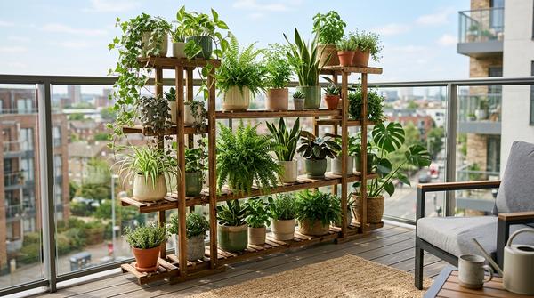 Ein mehrstöckiges Outdoor-Pflanzenregal auf dem Balkon, dicht bepflanzt, dient als natürlicher Sichtschutz zum Nachbarn.