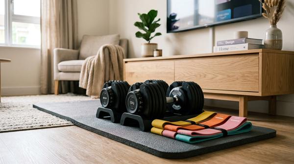 Platzsparendes Fitness-Zubehör wie verstellbare Kurzhanteln und Widerstandsbänder liegen ordentlich auf einer Matte im Wohnzimmer.