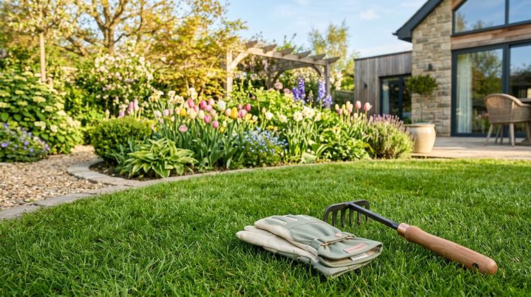 Ein gepflegter, saftig grüner Rasen in einem modernen Garten im Frühling mit stilvollen Gartenhandschuhen.