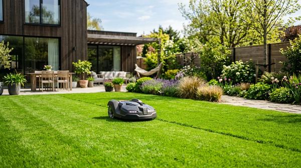 Ein moderner Mähroboter fährt leise über einen dichten, saftig grünen Rasen in einem gepflegten Garten.