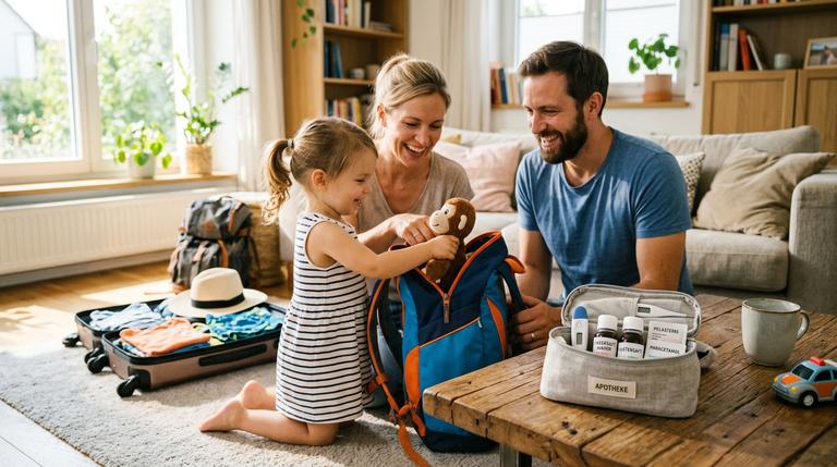 Eine moderne Familie packt glücklich einen Koffer für den Urlaub, auf dem Tisch liegt eine offene, gut organisierte Reiseapotheke.