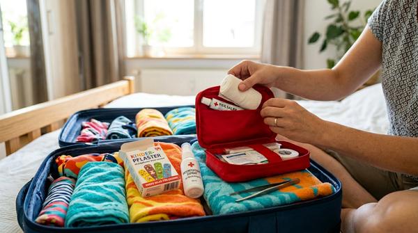 Eine Mutter packt ein kompaktes Erste-Hilfe-Etui mit Pflastern, Desinfektionsspray und Mullbinden in einen Reisekoffer.