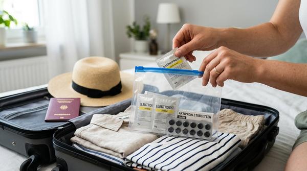 Zwei Hände packen Elektrolyt-Päckchen und Tabletten übersichtlich in einen transparenten Reise-Organizer, der in einem offenen Koffer liegt.