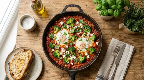 Herzhafte Feta-Gemüse-Pfanne mit zwei Eiern in dicker Tomatensoße, ähnlich wie Shakshuka, direkt in einer Pfanne angerichtet.
