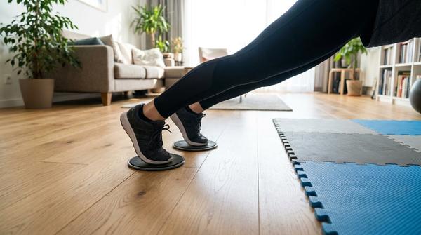 Nahaufnahme der Beine einer Person in Planken-Position, die geräuschlos mit dunklen Sliding Discs über den Holzboden eines Wohnzimmers gleitet, um Cardio-Training ohne Lärm zu machen.