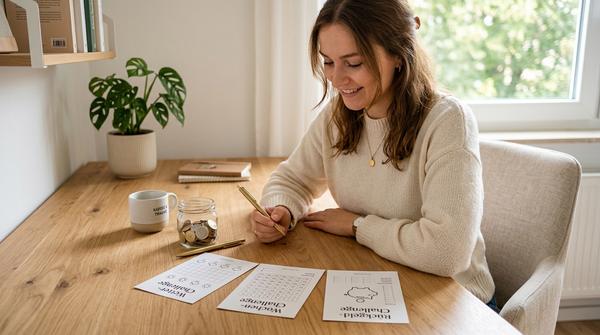 Eine junge Frau am Schreibtisch wählt zwischen verschiedenen Spar-Challenge Karten wie Wetter-Challenge, Wochen-Challenge und Rückgeld-Challenge aus.