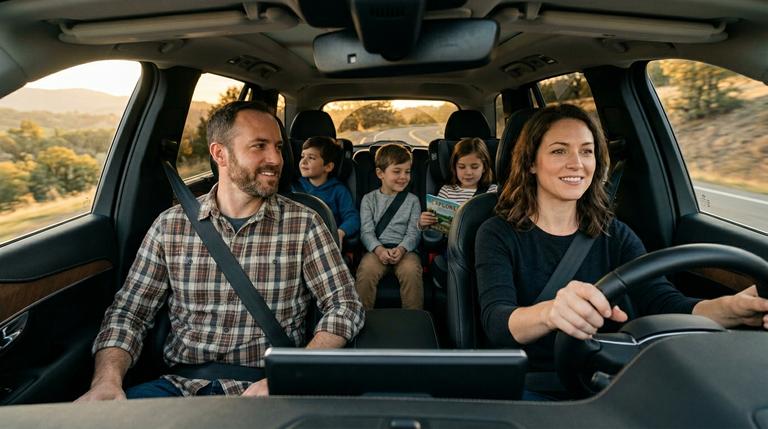 Ganze Familie (zwei Erwachsene vorne, zwei Kinder hinten) entspannt während Autofahrt im SUV