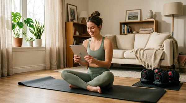 Entspannte Person sitzt im Wohnzimmer auf der Trainingsmatte und schaut sich einen vorgefertigten Workout-Plan auf dem Smartphone an.