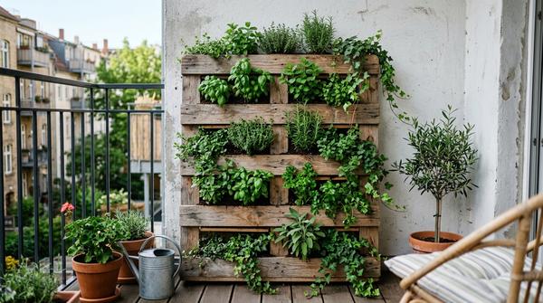 Eine aufrecht stehende Europalette an einer Hauswand auf dem Balkon, bepflanzt mit frischen Kräutern als platzsparendes Beet.