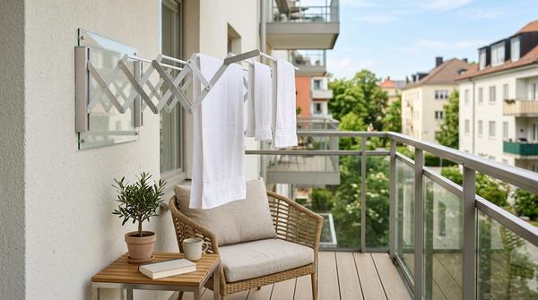 Ein platzsparender, klappbarer Wand-Wäscheständer auf einem Balkon, an dem ordentlich weiße Handtücher trocknen.