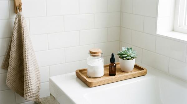 Ein minimalistisches Badezimmer-Tablett mit Natron und ätherischem Öl für natürliche Frische.