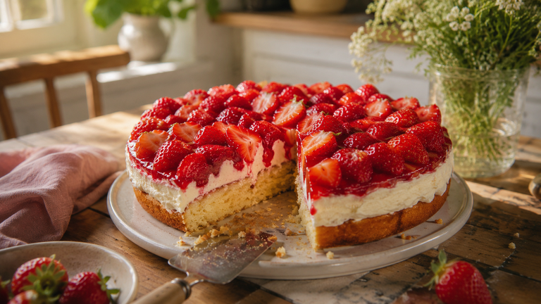 Selbst gebackener Erdbeer Kuchen mit Creme und frischen Erdbeeren auf einem Holztisch