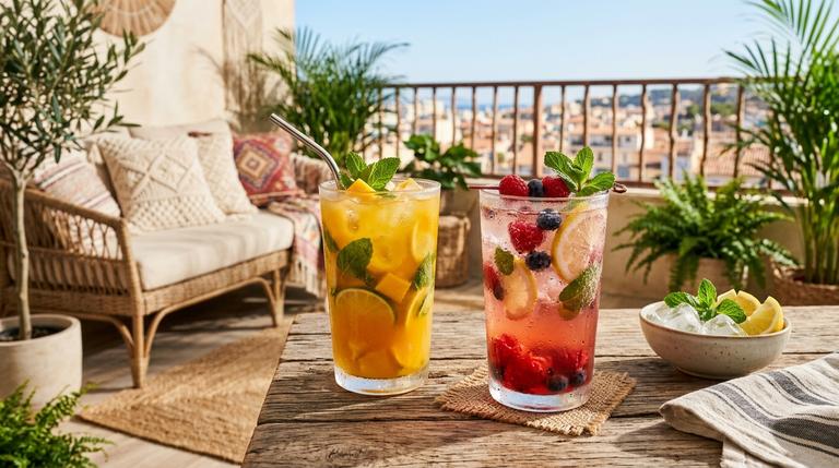 Zwei erfrischende, bunte alkoholfreie Sommer-Cocktails mit Minze und Eiswürfeln stehen auf einem Holztisch auf einem sonnigen Balkon.